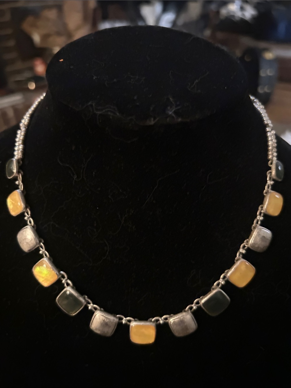 Sterting Silver Multi-Stone Vintage Yellow, blue and silver Matte Necklace